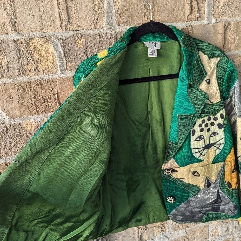 Vintage 90s Anage Jungle Cats Giraffe Zebra Patchwork Blazer Size Small - Picture 12 of 13